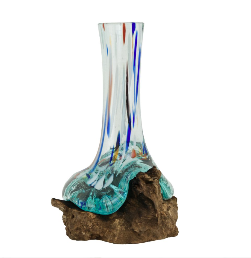 Cohasset Gifts - 10" Skinny Stem Molten Glass w/ Multi Color Dots & Wood Sculpture Base - 651VS-25D
