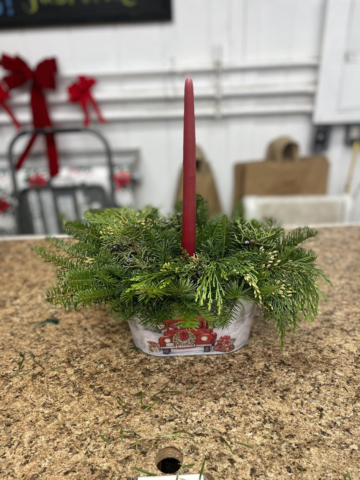 PreGreened Centerpiece with 1 Candle Holder in Oblong Red Truck