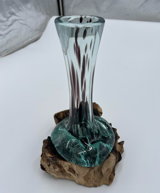 Cohasset Gifts - 10" Skinny Stem Molten Glass w/ Black Stripes & Wood Sculpture Base - 651VS-25BLK