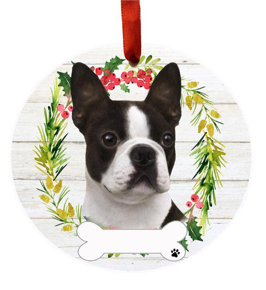 E&S Pets Boston Terrier Ceramic Wreath Ornament 550-76