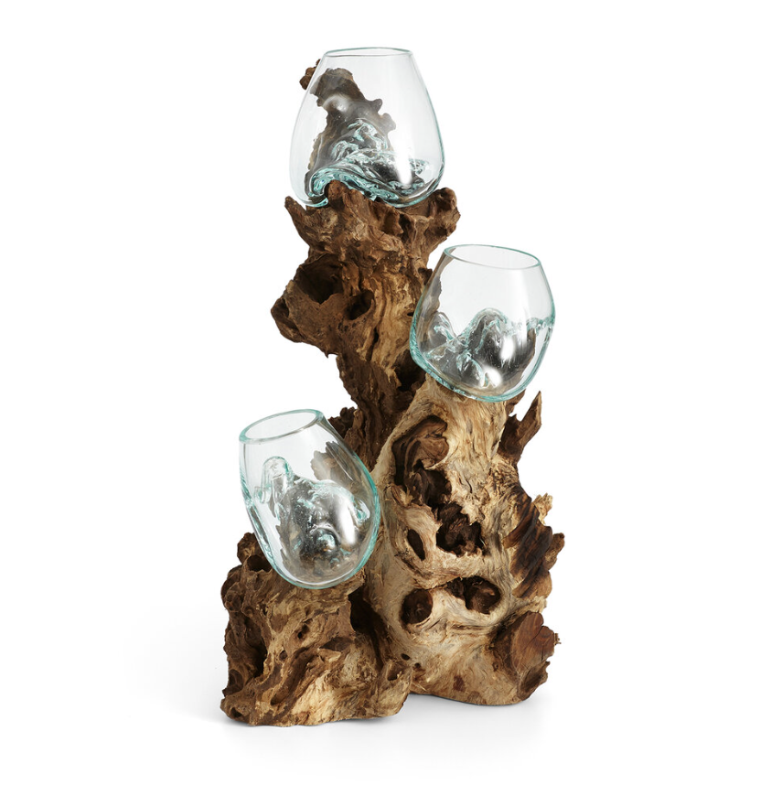 Cohasset Gifts - 50cm Tall Wood Sculpture Base w/ (3) 10cm Molten Glass Bowls - 647-50T