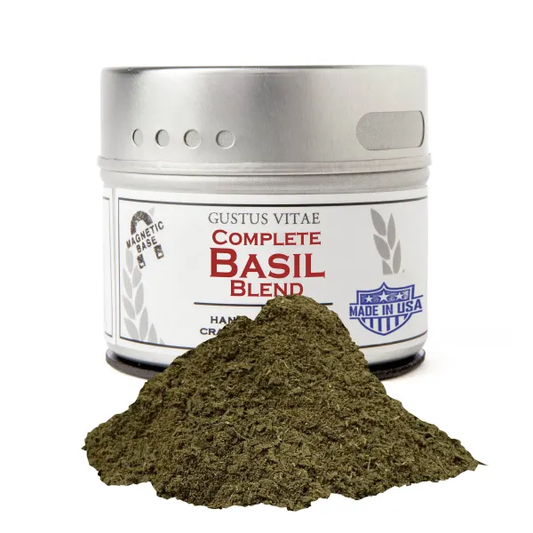 Gustus Vitae Complete Dried Basil Blend - Dried and Ground Leaves - Tin DISCO