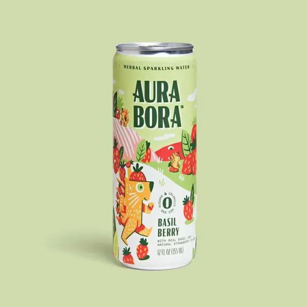 Aura Bora Herbal Sparkling Water Strawberry Basil Berry 12 oz Can