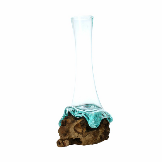Cohasset Gifts - 40cm Tall Skinny Molten Glass Vase & Wood Sculpture Base - 651VS-40