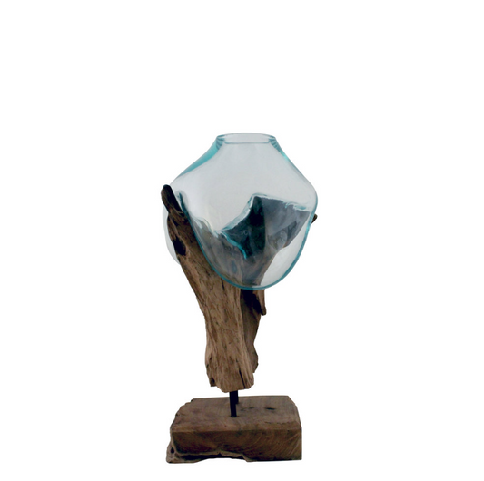 Cohasset Gifts - 45cm Molten Glass Bowl & Standing Wood Sculpture Base - 648-45