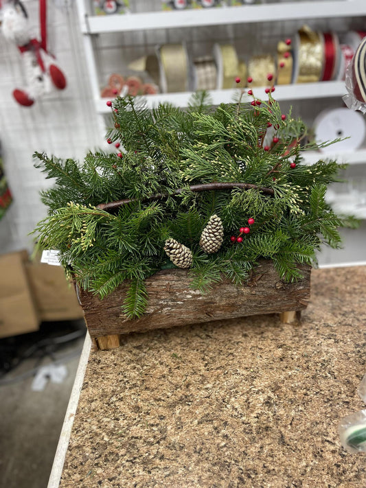 Large Standard Pine Log with Greens and Bow Centerpiece/Cemetary Planter