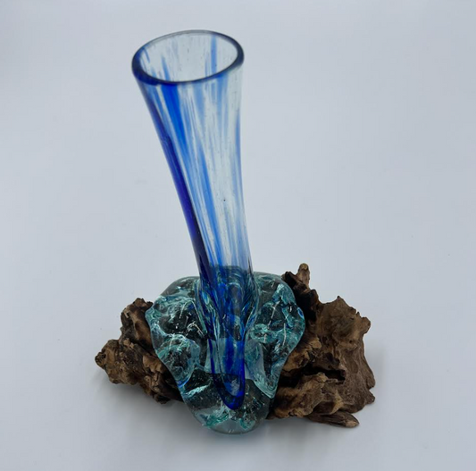 Cohasset Gifts - 10" Skinny Stem Molten Glass w/ Blue Dots & Wood Sculpture Base - 651VS-25B